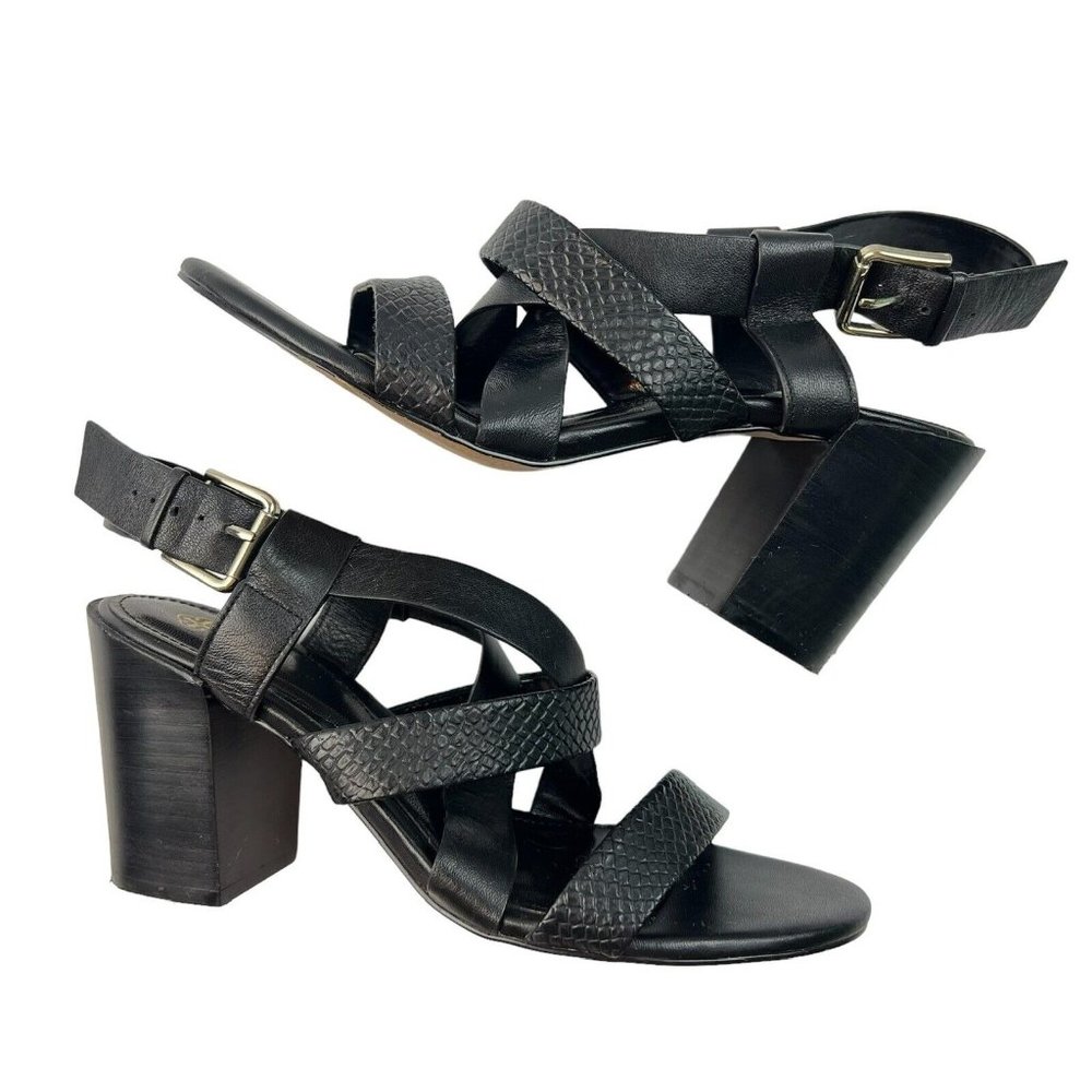 Isola Falmouth Sandals Size 9 M Black Leather Strappy Chunky Block Heel Open Toe